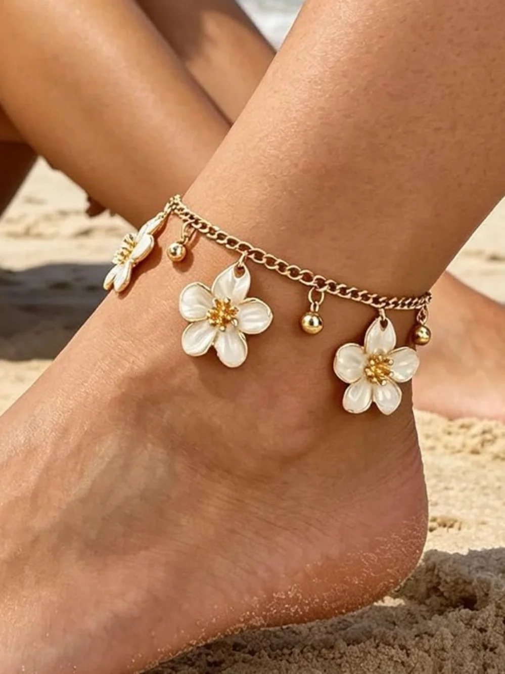 Anthropologie Gold Anklet with White Flower Charms